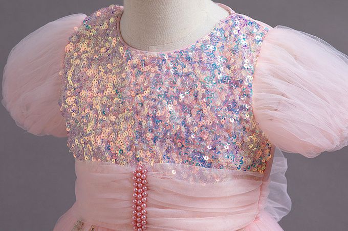 粉色繡花亮片釘珠裝飾短袖長裙禮服