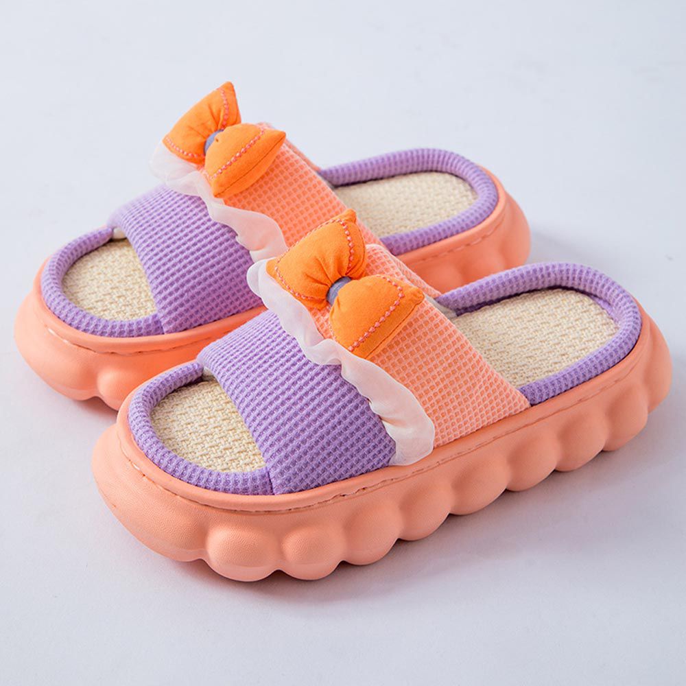 厚底海綿感亞麻室內拖鞋-粉紫蝴蝶結