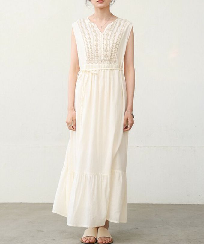 日本 Bab - 100%印度棉刺繡腰綁帶無袖洋裝-煙燻藍