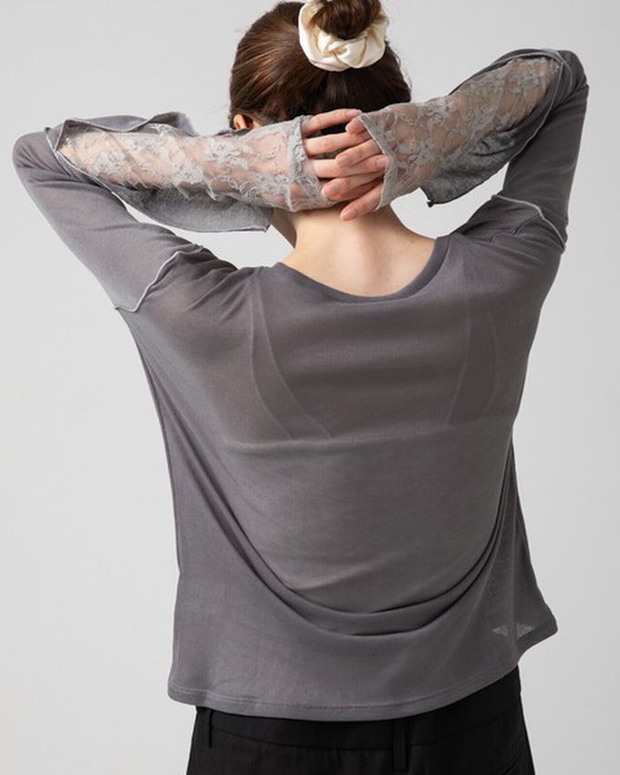 日本 gleam - 薄透合身蕾絲拼接長袖上衣-白