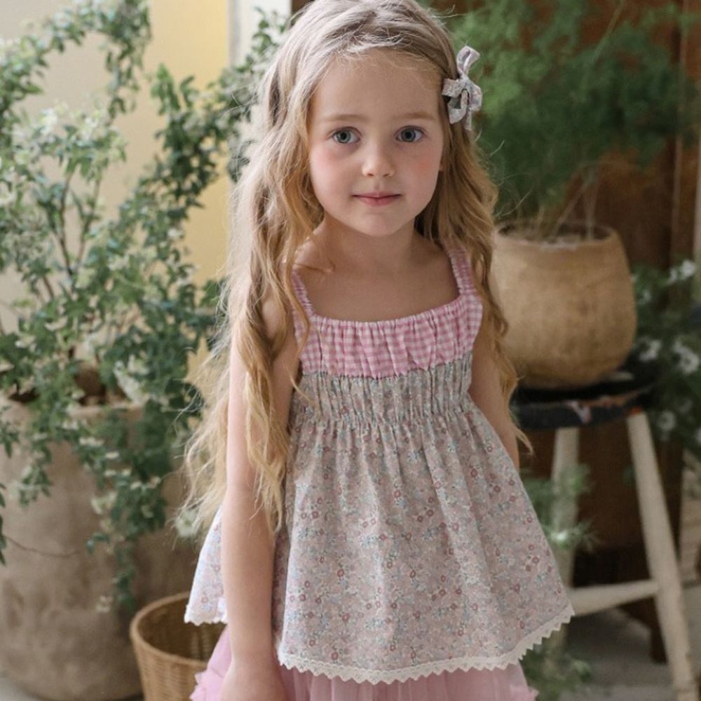 Puellaflo 田園系碎花格紋拼接背心上衣-桃X粉