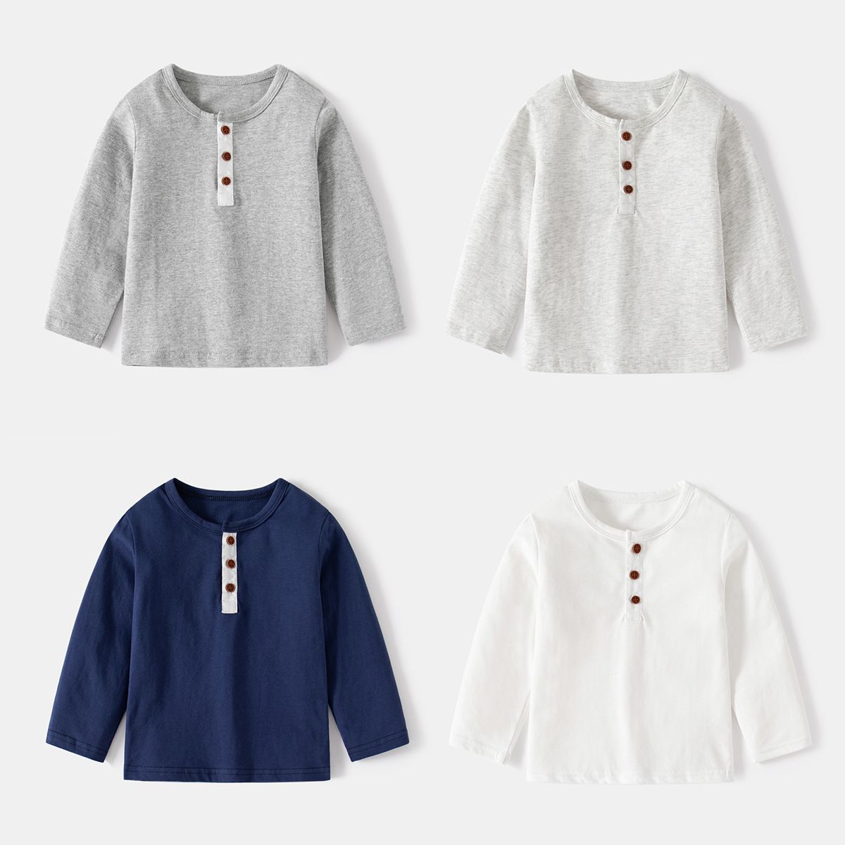 WELLKIDS - 圓領排釦休閒薄長袖上衣/打底衫-米白色