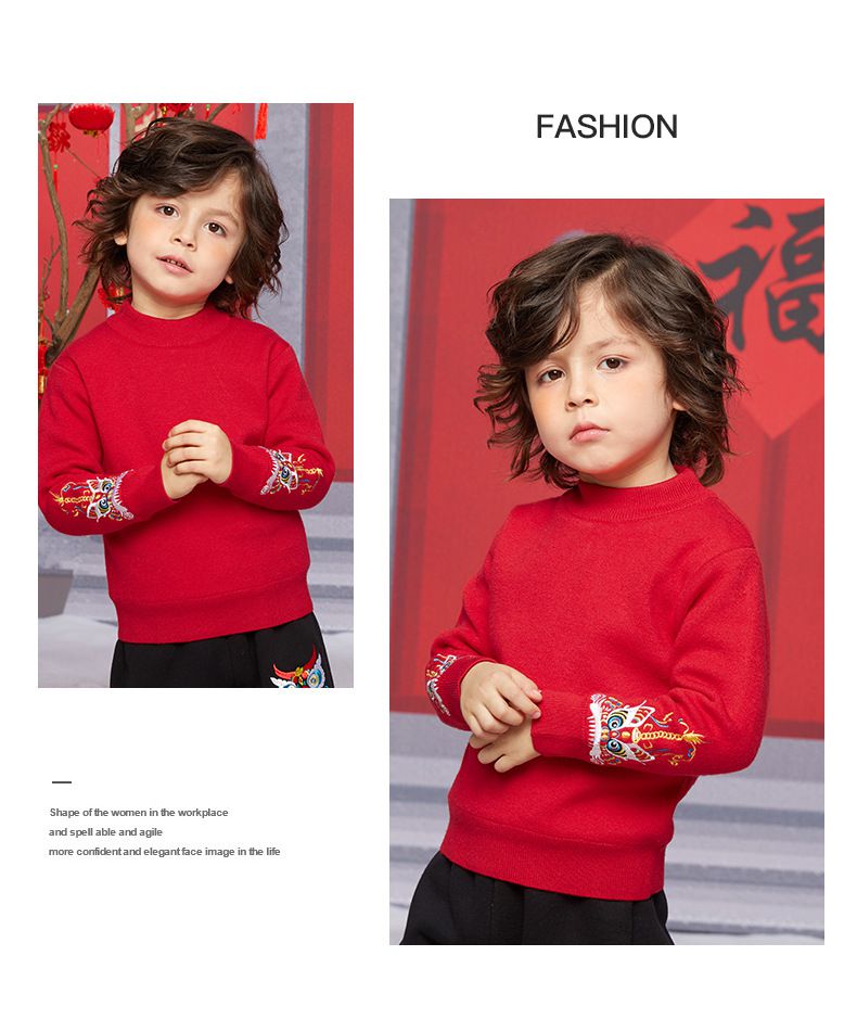 (加絨)喜氣拜年圓領長袖上衣-刺繡彩獅-紅色
