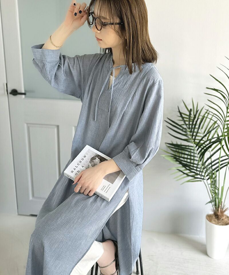 日本 Classical Elf - 透氣楊柳慵懶感開襟長袖洋裝-灰藍