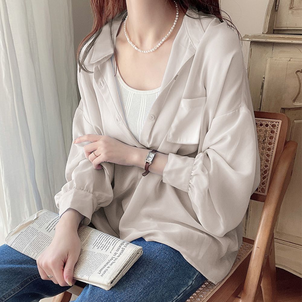 俐落衣領百搭舒適薄襯衫-灰杏 (F)