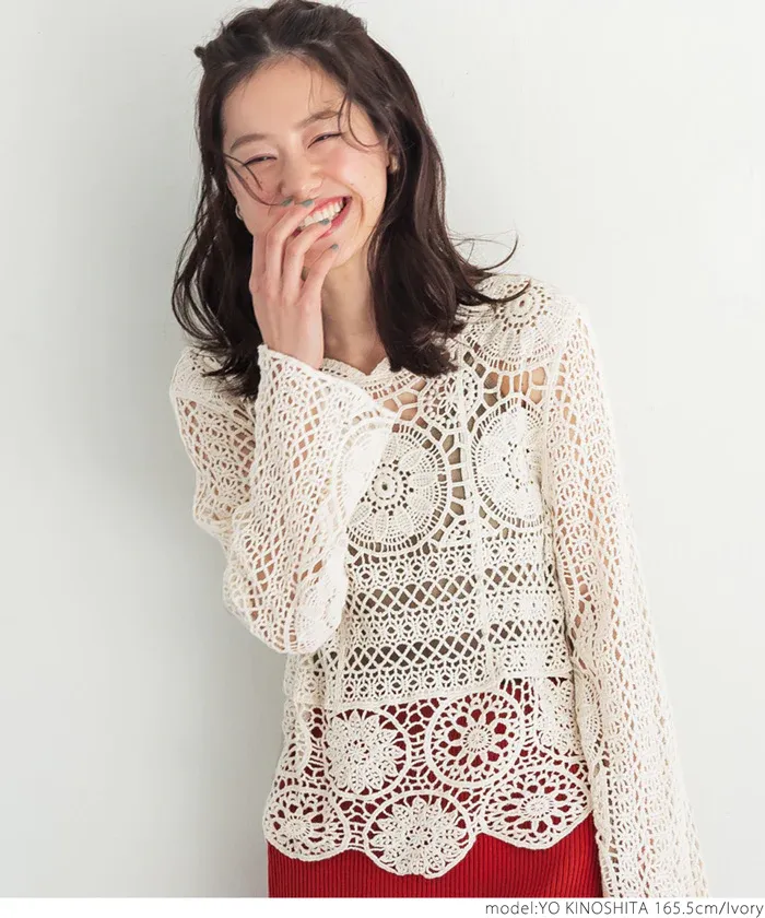 日本 COCA - 萬花筒雕花鉤針罩衫-淺杏