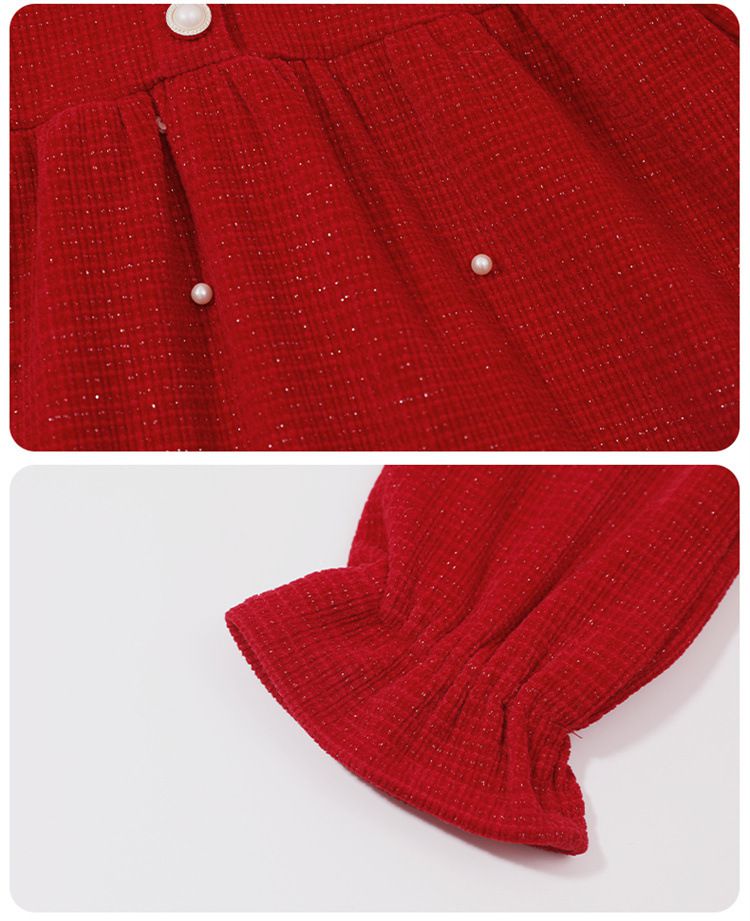 加絨不規則翻領氣質長袖連身洋裝-蝴蝶結-紅色