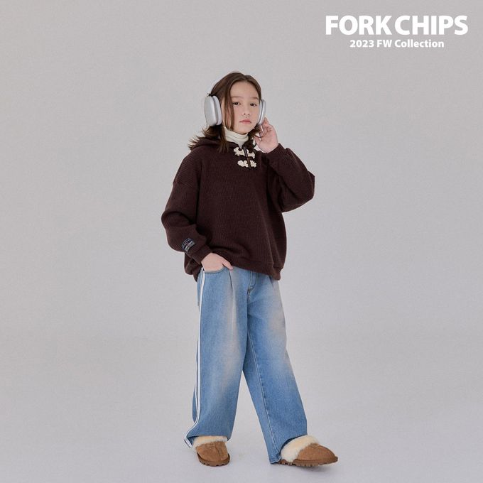 韓國 FORK CHIPS - (內磨毛)鬆緊腰雙線條點綴牛仔長褲-藍