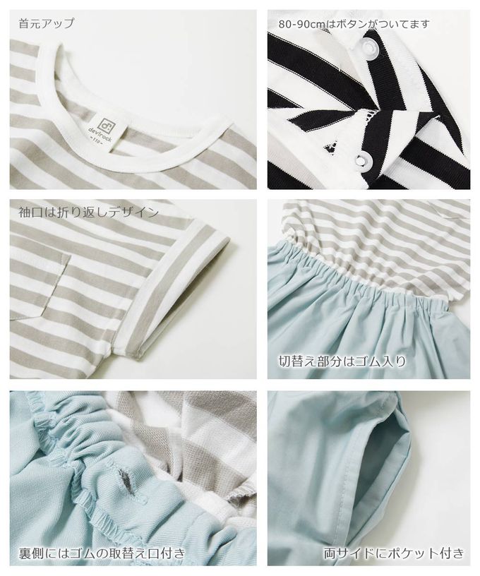 日本 devirock - 百搭印花拼接短袖洋裝-條紋-杏白x淺藍