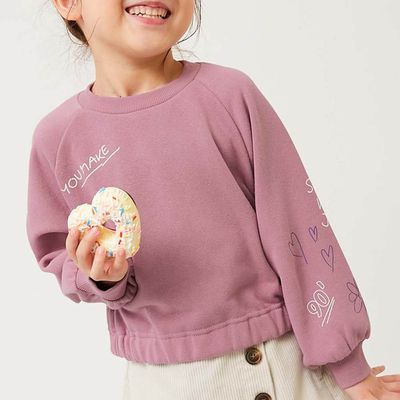 日本 devirock - 可愛女孩印花縮口長袖上衣-塗鴉LOGO-粉紅