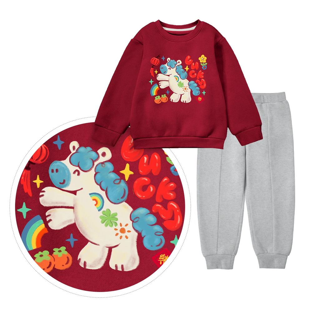 內刷絨長袖上衣+長褲套裝-馬上幸運-紅x淺灰