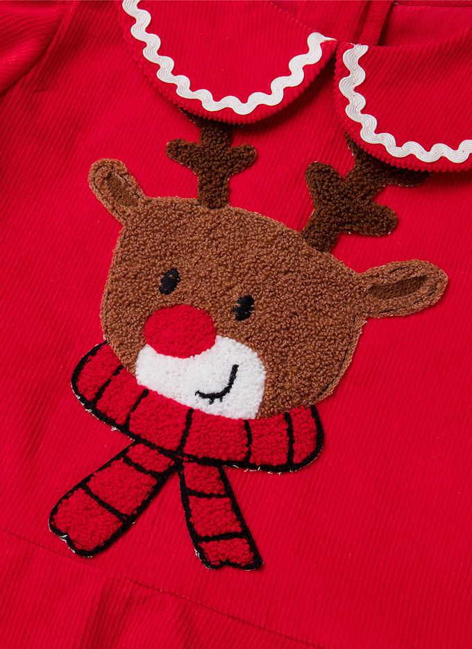 韓國 OZKIZ - 毛料馴鹿印燈芯絨洋裝/聖誕-紅