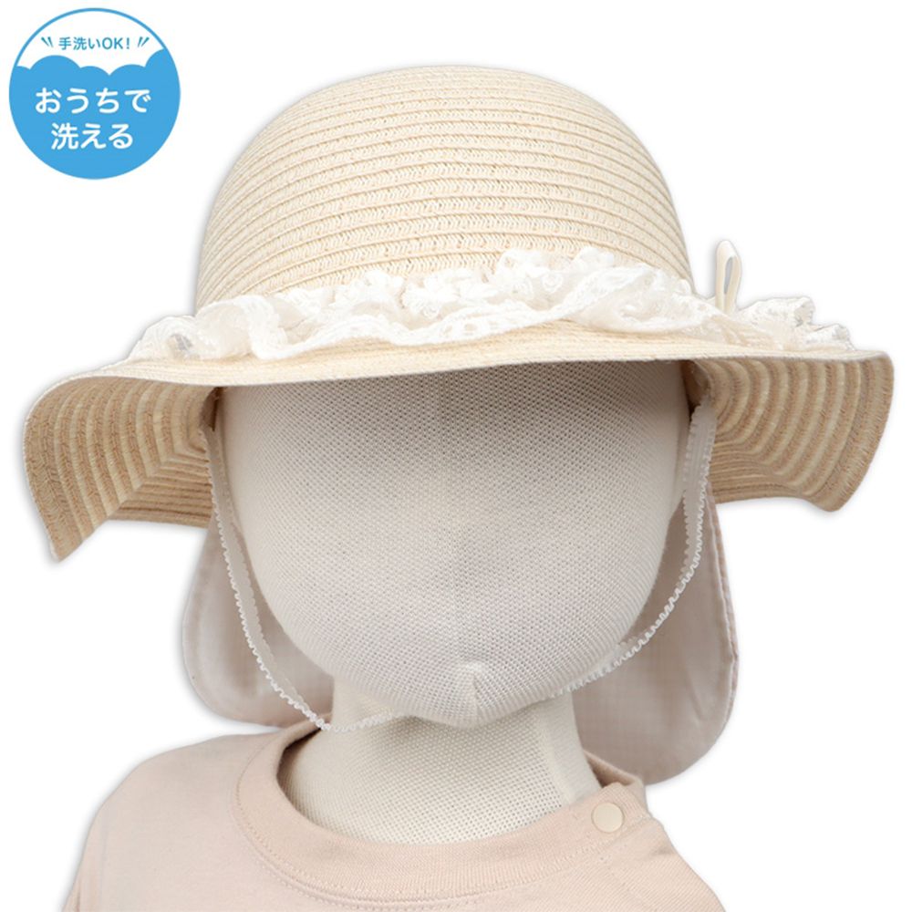 圓頂帽 可洗可折疊-蕾絲帽簷-象牙白色