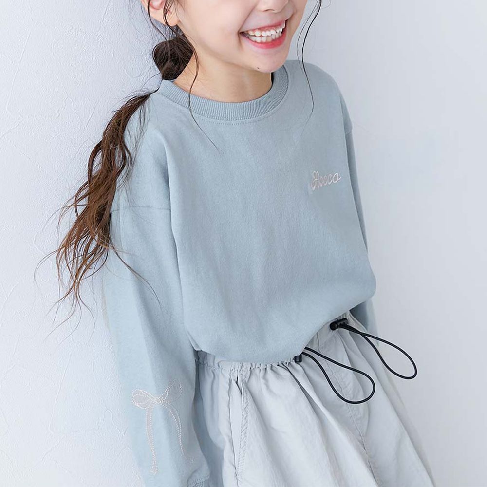 100%棉 甜美手腕刺繡長袖上衣-蝴蝶結-薄荷藍