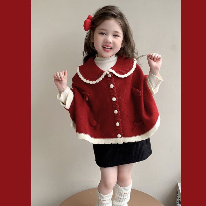 新年拜年娃娃領斗篷式開襟針織毛線外套