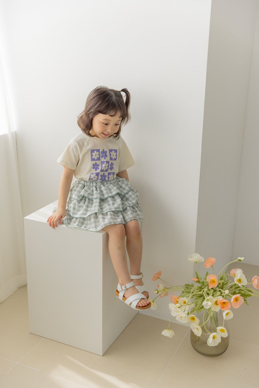 韓國 Orange Mom - 格子蛋糕裙-灰綠