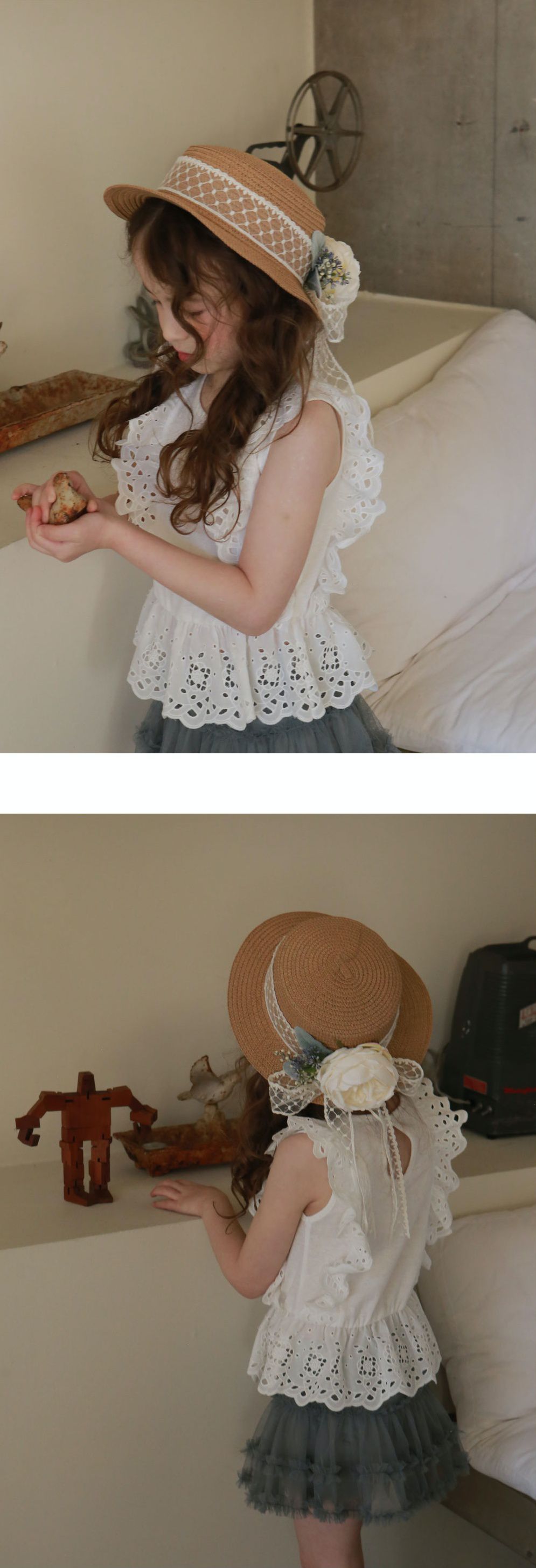 韓國 PuellaFLO - 唯美花朵菱格紋蕾絲草帽 (3-7Y適用)