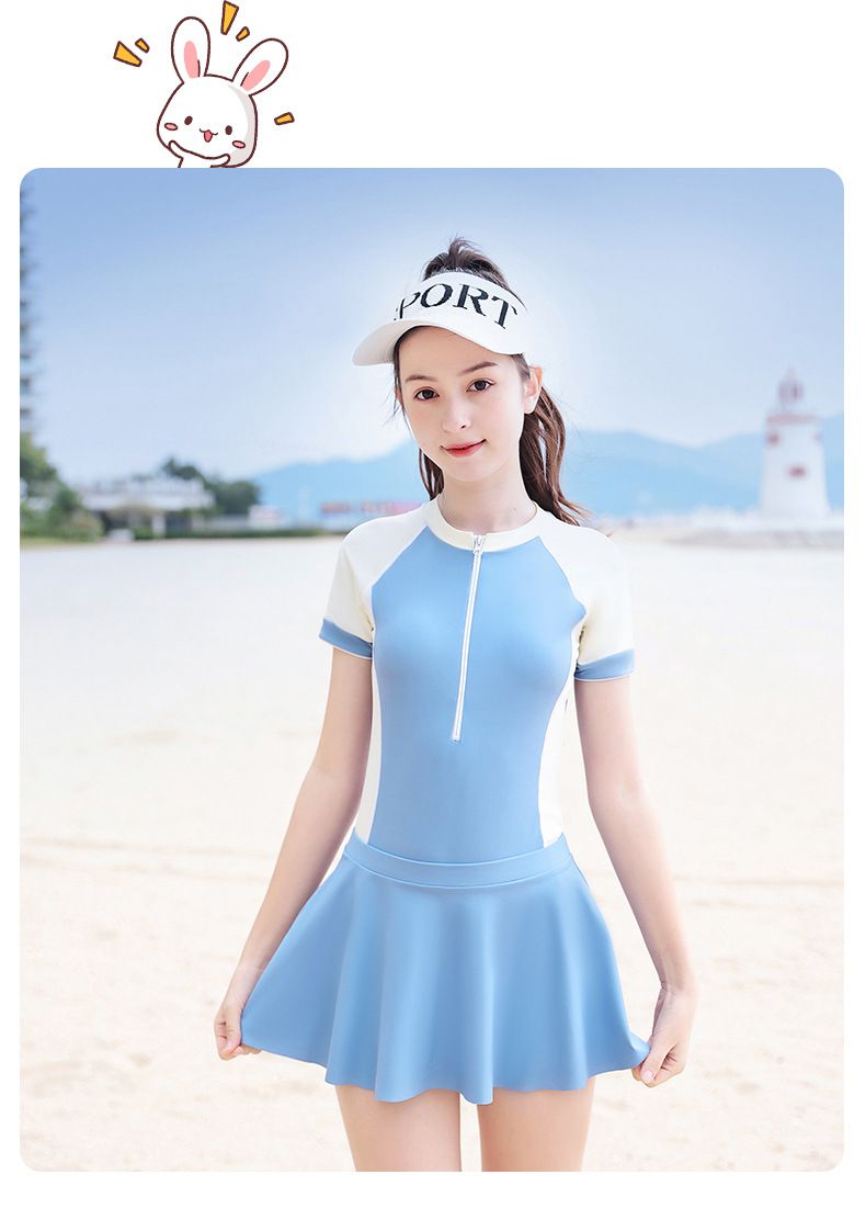 大童女孩運動風短袖連身裙泳衣套裝(二件組)-黑色-泳衣、裙子