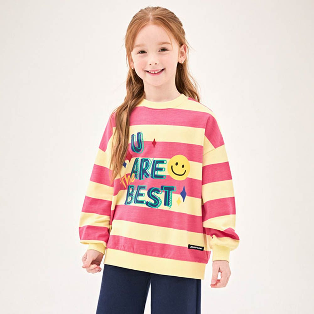 亮晶晶笑臉寬條紋長袖大學T-桃X黃