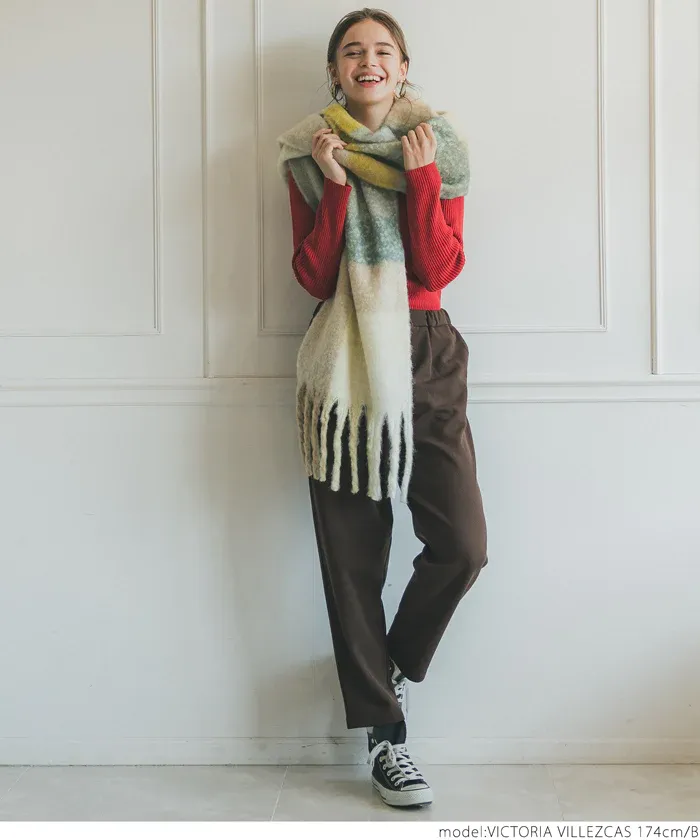 日本 COCA - 毛海大流蘇格紋圍巾/披肩-杏黃