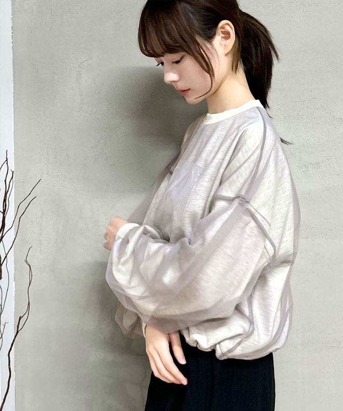 日本 Classical Elf - mily bilet 燙銀印花薄紗分層長袖上衣-銀白