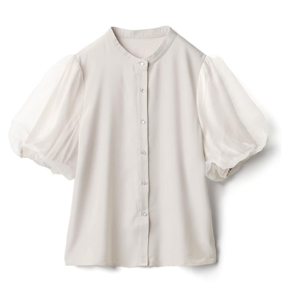 日本 GRL - 氣質薄紗拼接小立領排釦襯衫-淺灰米