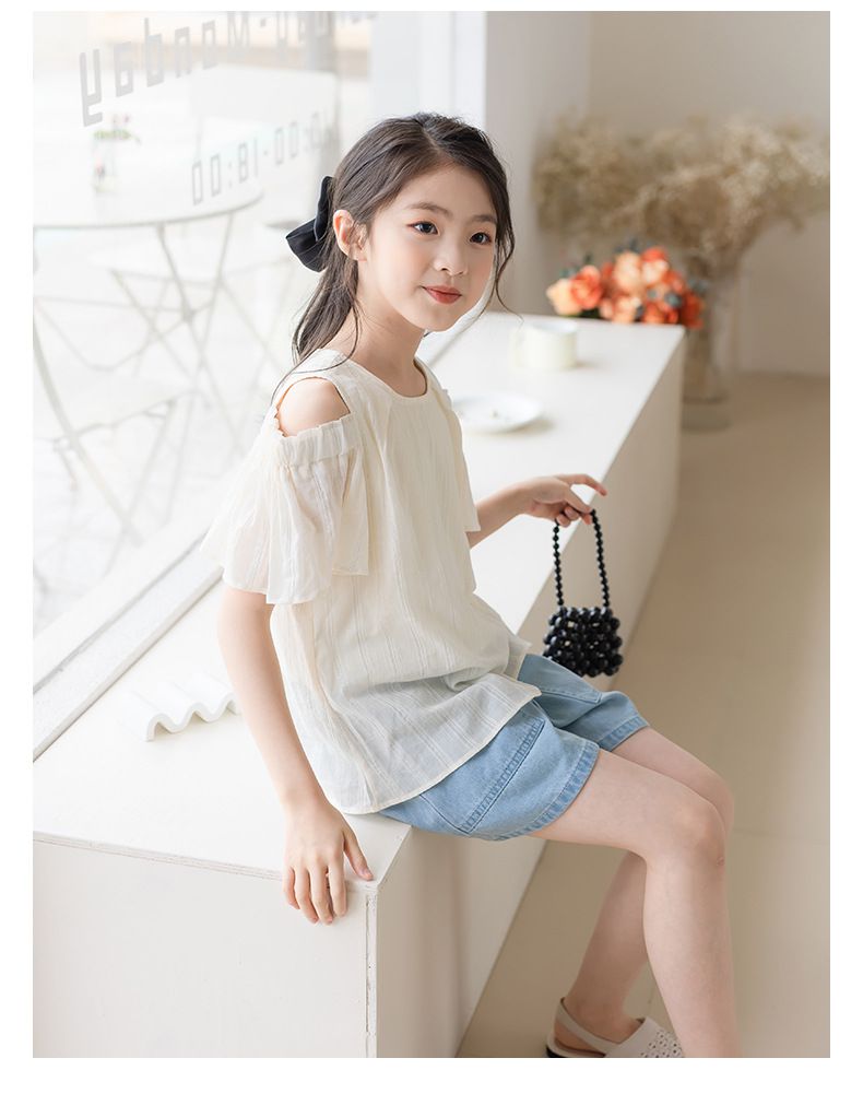 氣質花袖露肩上衣-米色