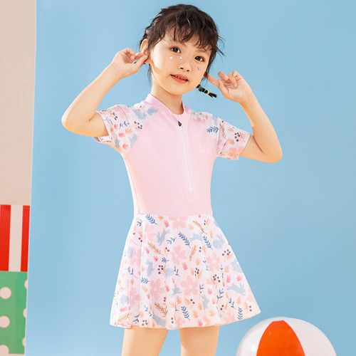 361° - 兒童甜美風短袖連身裙泳衣-小花朵-淺粉色