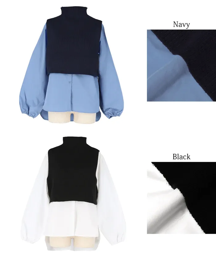 日本 COCA - 高領針織背心+前短後長襯衫2件組-黑