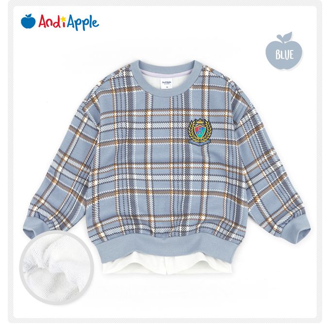 韓國 AndiApple - 學院風格紋假兩件內刷毛長袖套裝-深藍