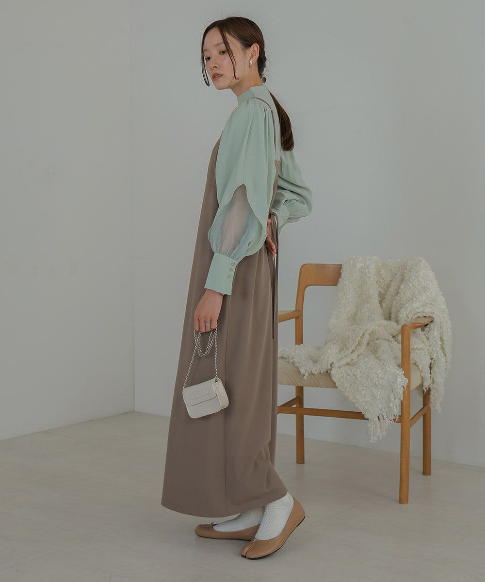 日本 Bab - 柔美紗拼接袖雪紡上衣-深可可