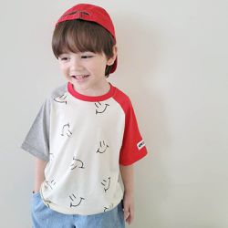 韓國 Peanuts House - 小笑臉撞色短袖上衣-灰X米X紅
