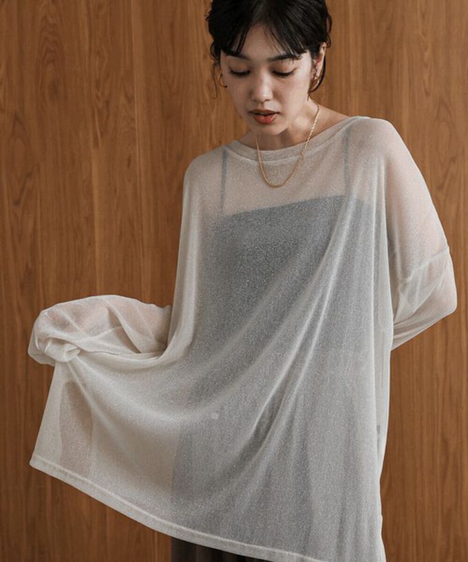 日本 Bab - 光澤閃耀透膚寬版長袖上衣-咖啡