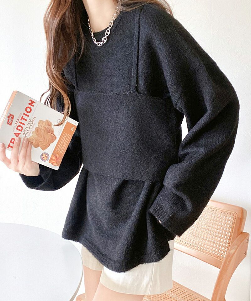 日本 Classical Elf - 二件式針織修身長版上衣+細肩背心-可可卡其