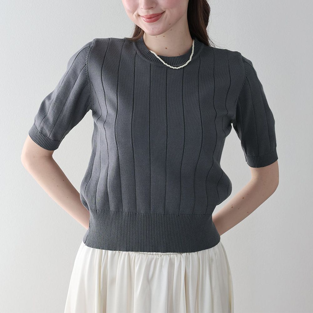 羅紋彈性薄針織五分袖上衣-深灰