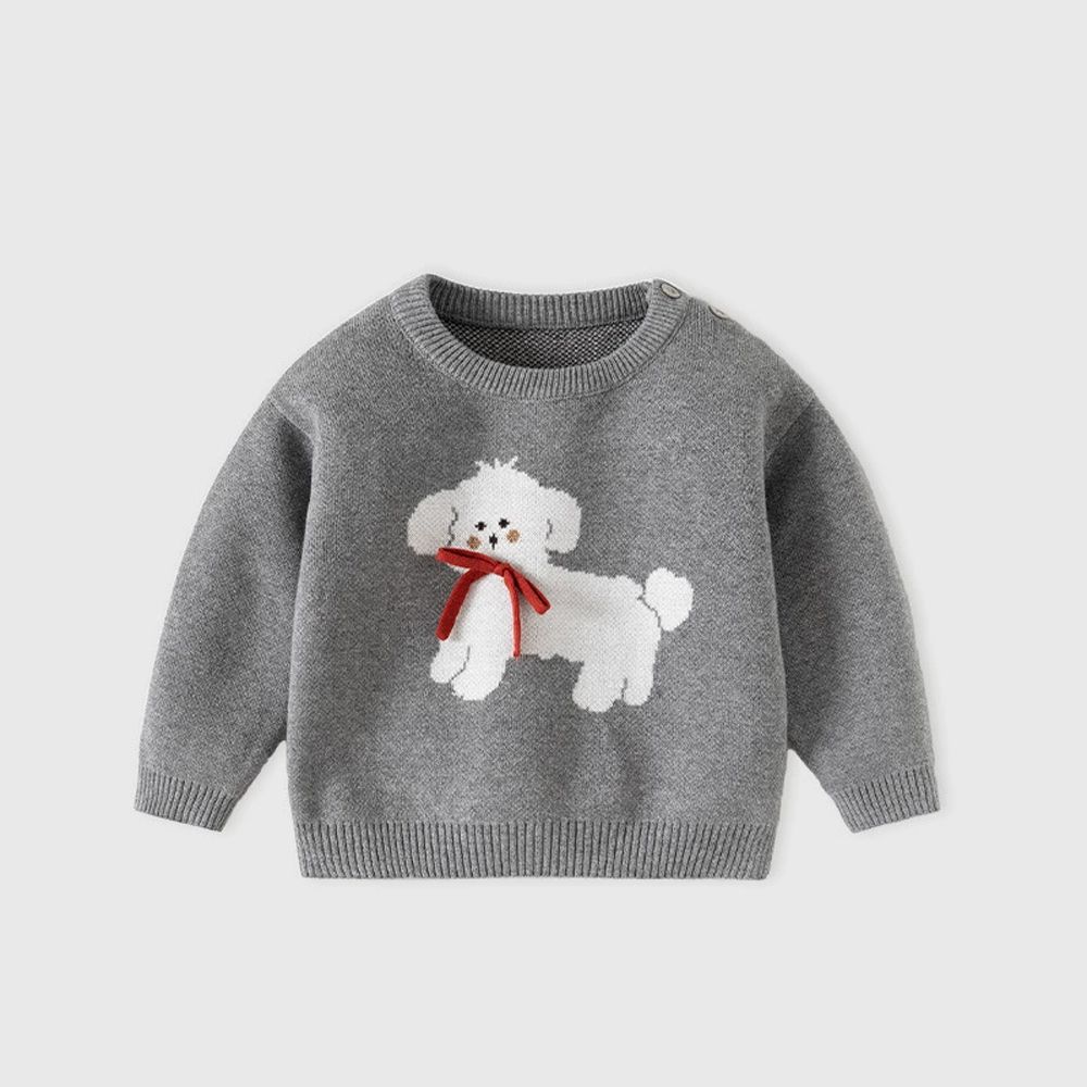 純棉圓領針織長袖上衣-蝴蝶結小狗-灰色