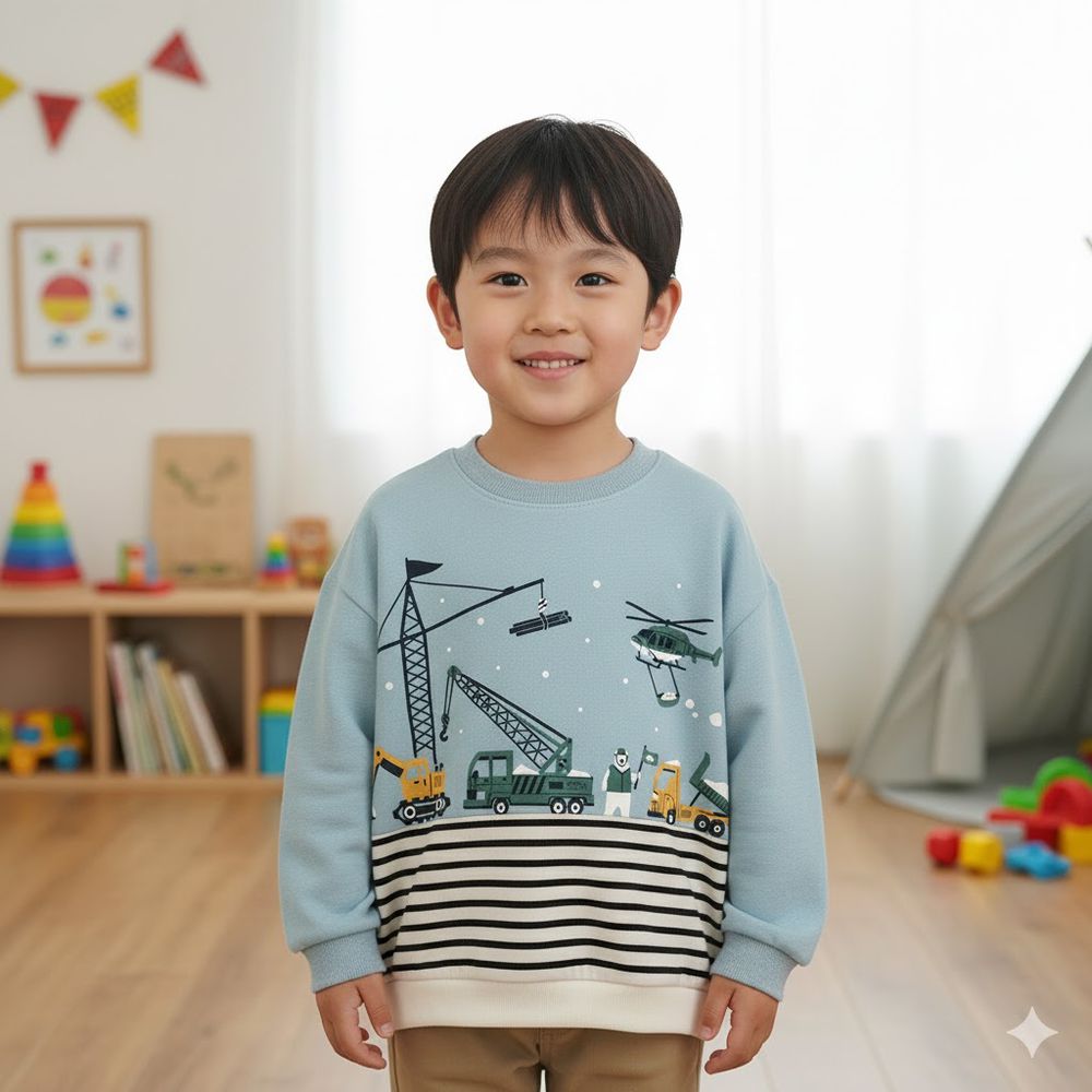 長袖休閒上衣-拼接-淺藍色