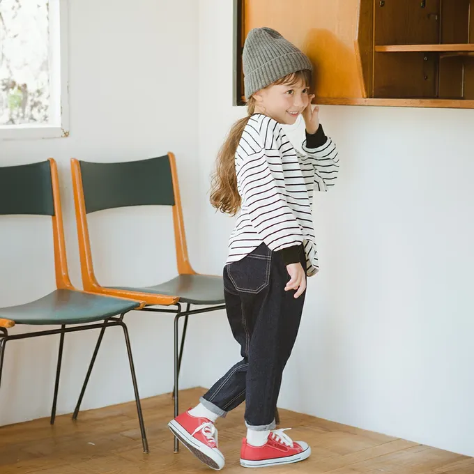 日本 BRANSHES - 鬆緊好動錐形園丁牛仔褲-雨霧藍