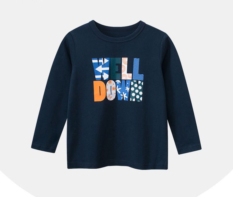 純棉圓領薄長袖上衣-英文字母-深藍色