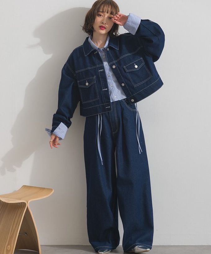 日本 ELENCARE DUE - 10oz 立體摺線後腰鬆緊牛仔褲-刷色黑