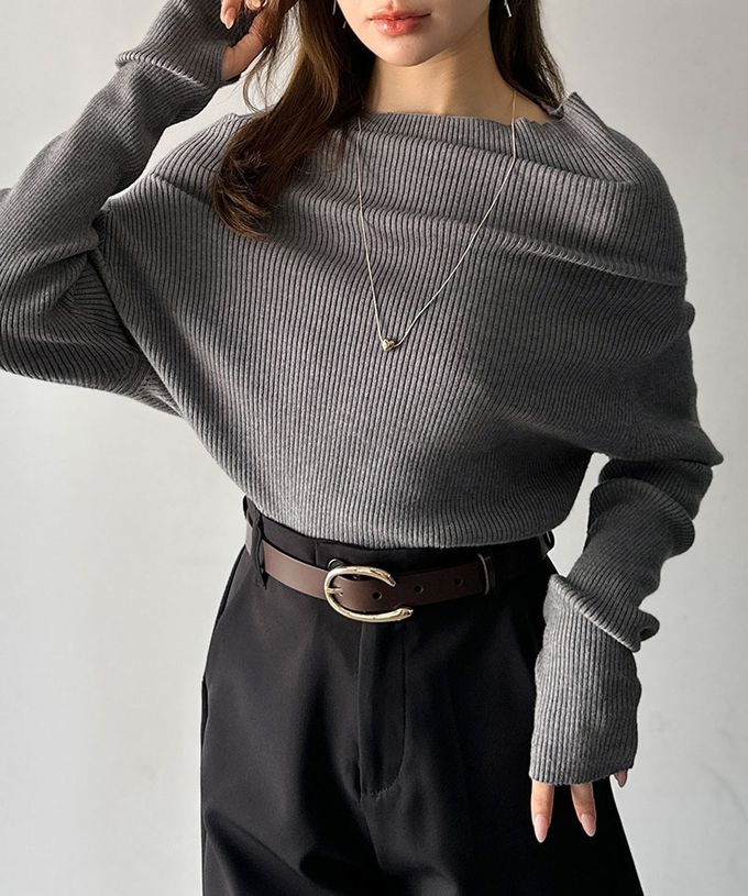 日本 Classical Elf - 華麗一字領羅紋長袖上衣(指孔設計)-灰