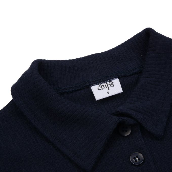 韓國 FORK CHIPS - 金屬裝飾直坑條翻領長袖上衣-深藍