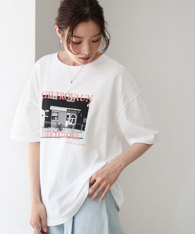 日本 Bab - 100%棉 極簡照片印花五分袖上衣-杏底綠字 (M)