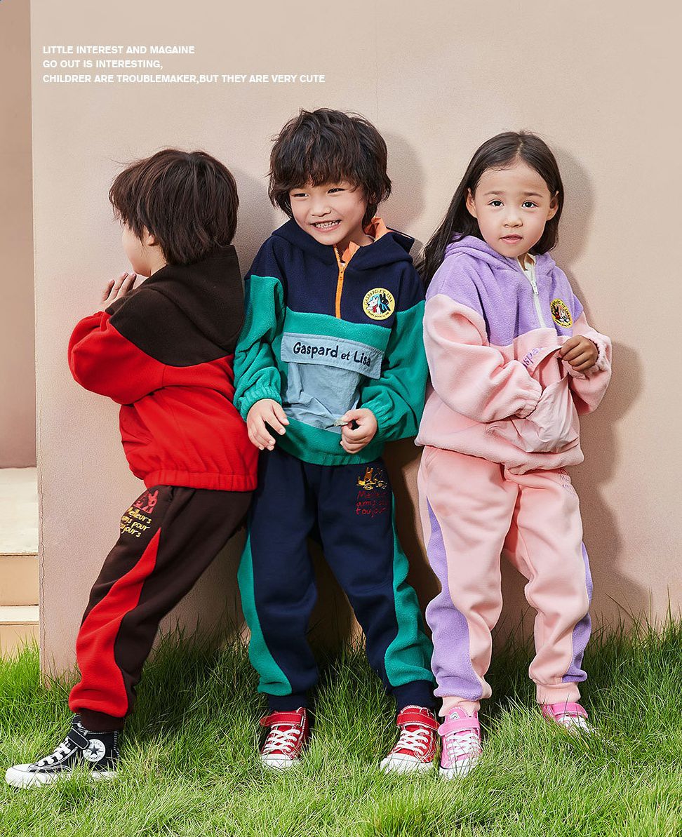 Minizone - 搖粒絨加厚運動長褲-卡通人物麗莎與卡斯波-紅+黑