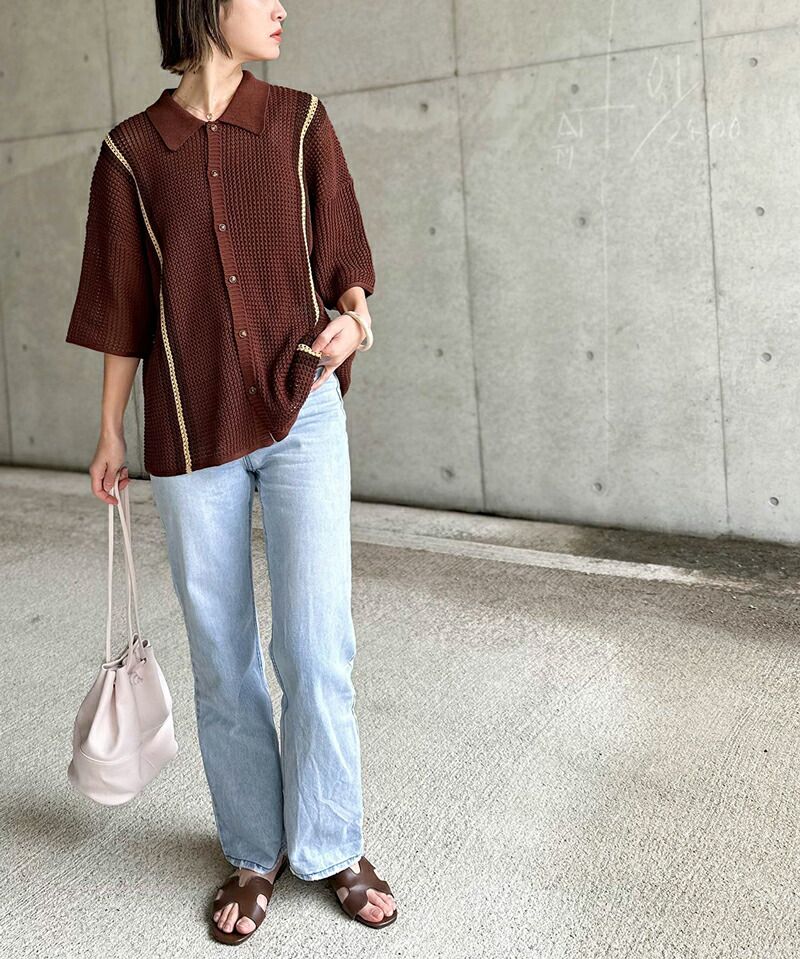 日本 Classical Elf - 個性網狀翻領短袖襯衫-咖啡