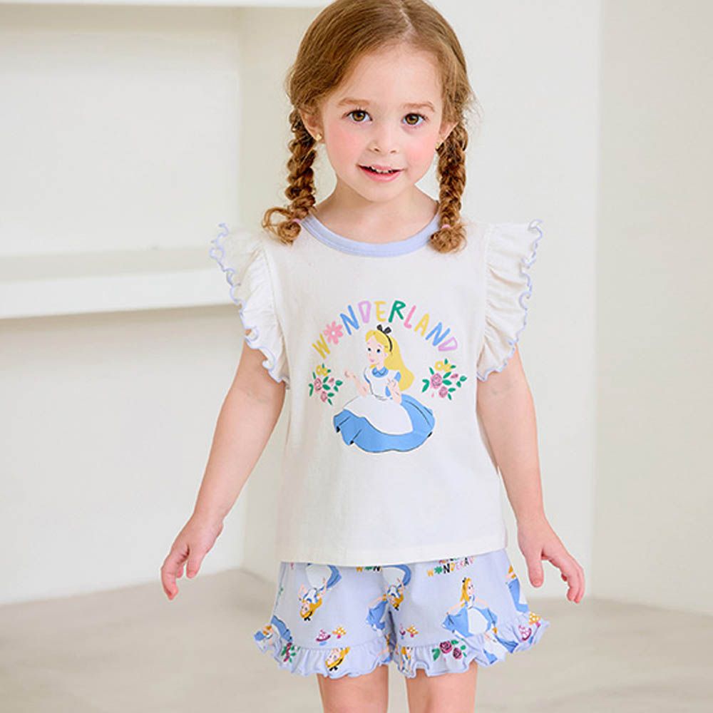 (聯名款)仙境公主荷葉短袖套裝-卡通人物愛麗絲-米白X藍紫