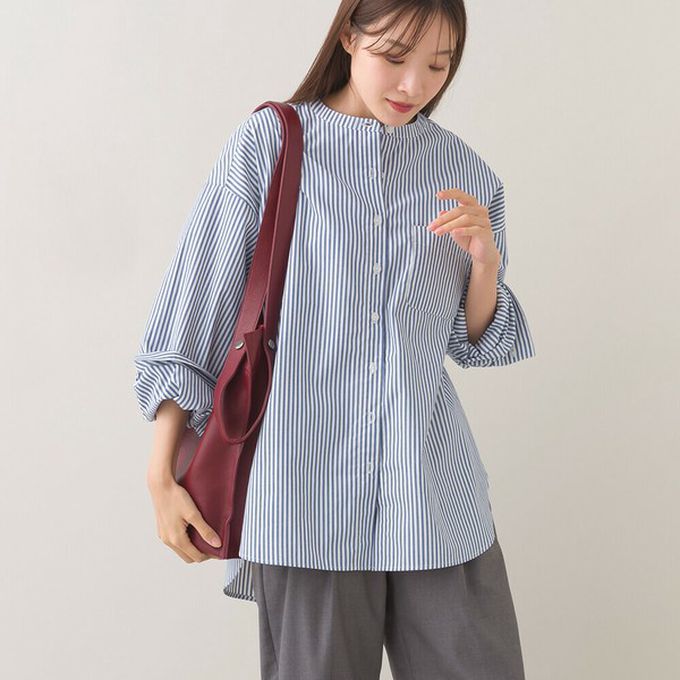 日本 OMNES - 柔滑科技棉 小立領長袖襯衫-條紋-藍