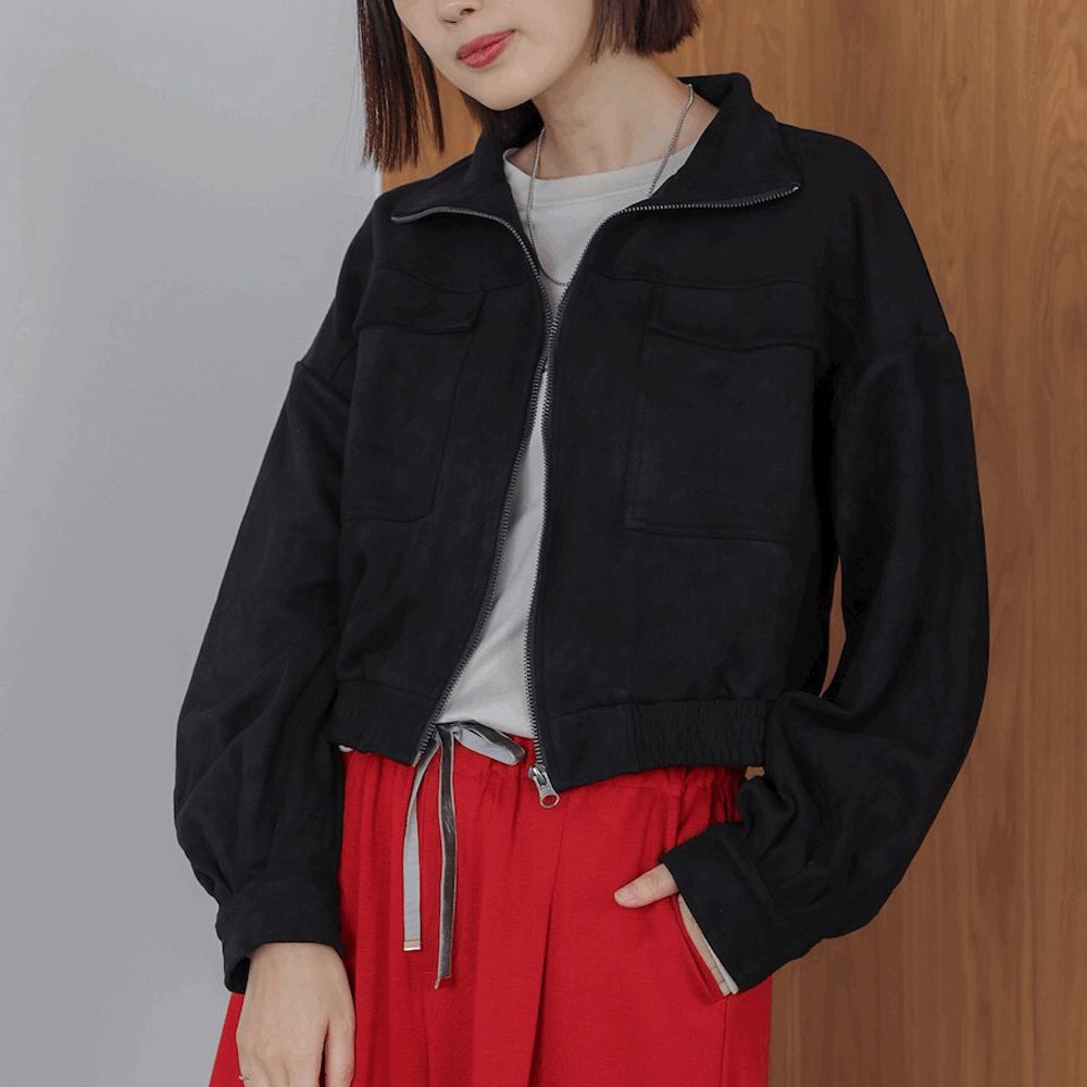 麂皮感立領率性口袋俐落外套-黑