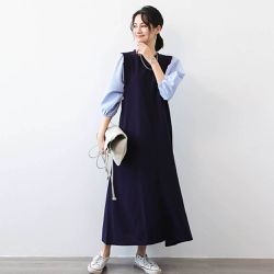 Yukié - 日系拼接假兩件泡泡袖洋裝-藍白條紋