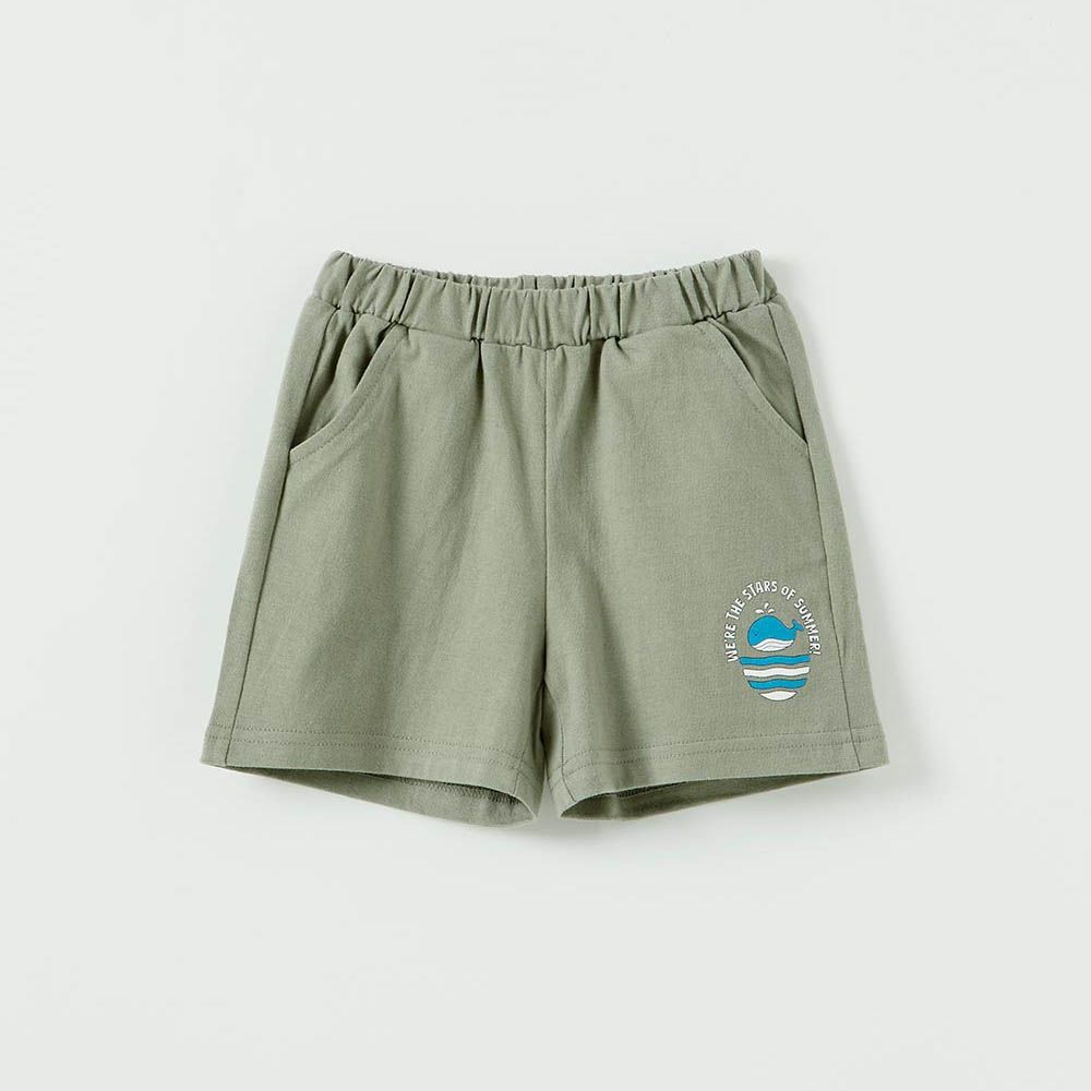 鬆緊腰噴水鯨魚印花短褲-灰軍綠